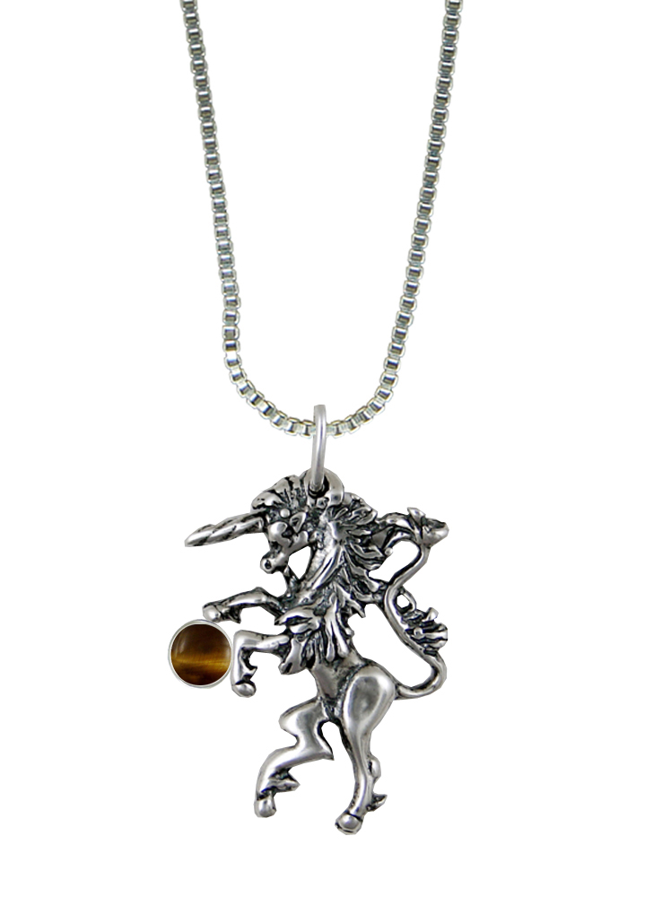 Sterling Silver Little Medieval Unicorn Pendant With Tiger Eye